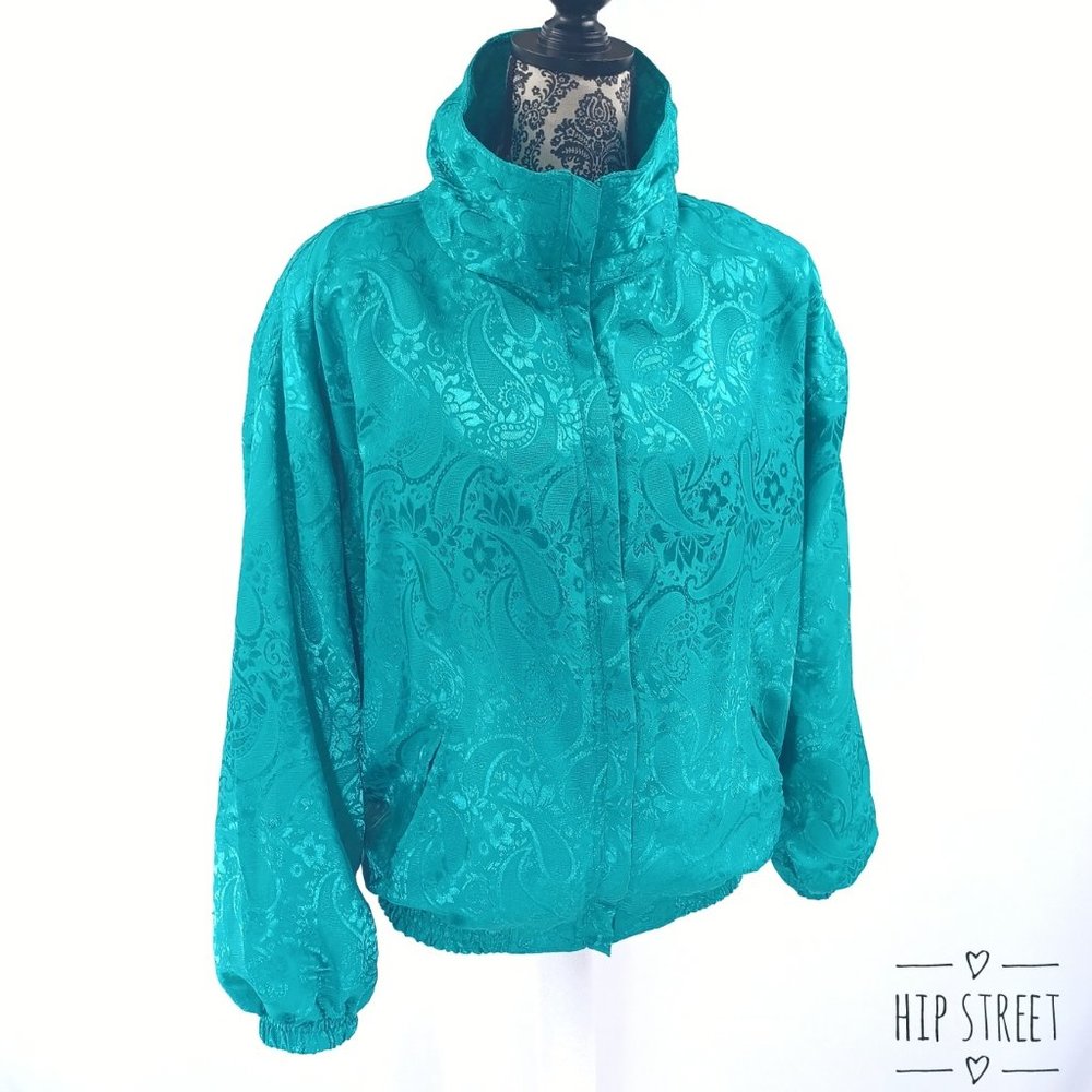 EVR Silky Tapestry Weave Zip Front Funnel Neck Bomber Jacket XL
